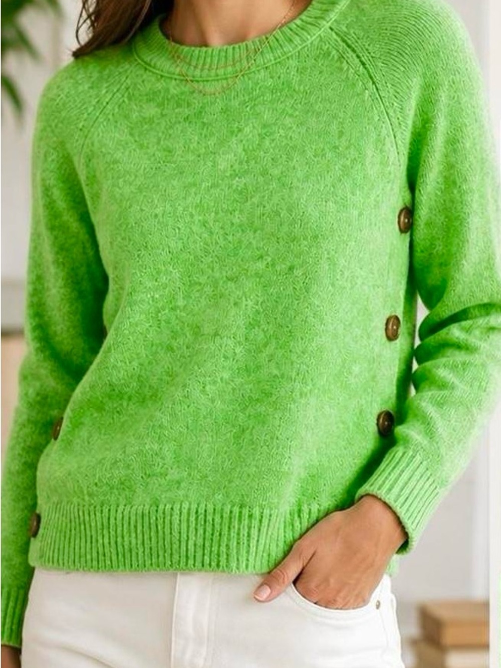J. Crew Bright Lime Crewneck Sweater with Side Buttons
